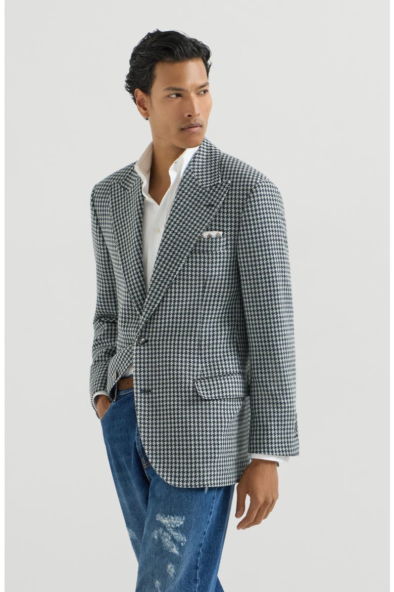 Cashmere macro houndstooth Tailor blazer with peak lapels and metal buttons, Main, color, Navy Blue