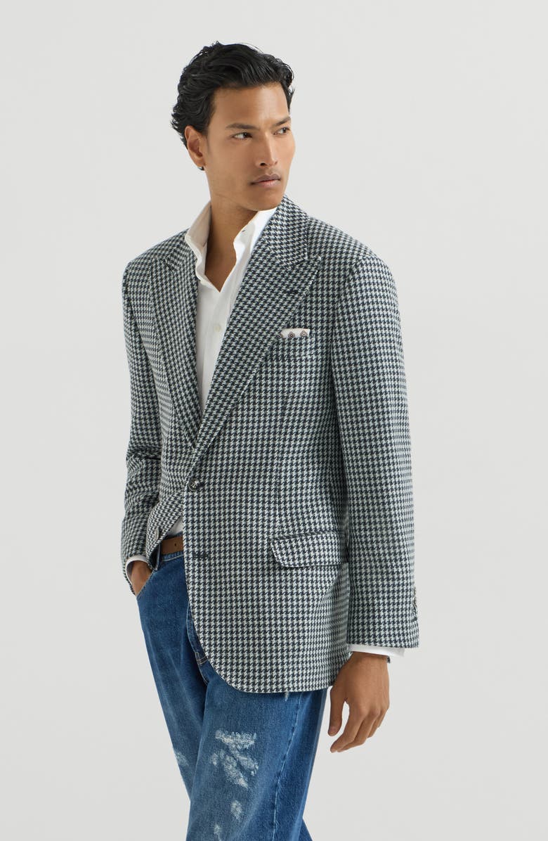 Brunello Cucinelli Cashmere macro houndstooth Tailor blazer with peak lapels and metal buttons, Main, color, Navy Blue
