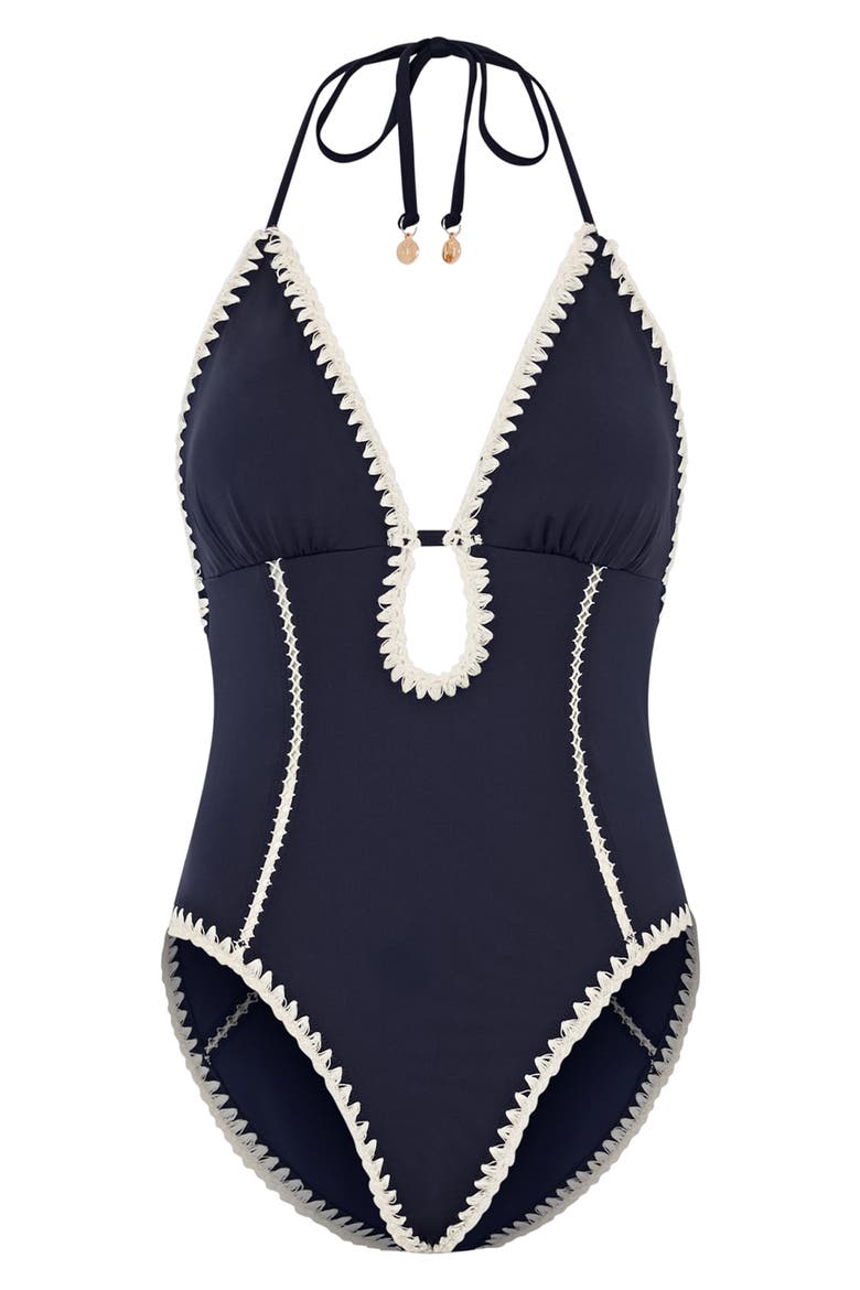 Cutout Crochet Trim One-Piece Swimsuit, Alternate, color, NAVY