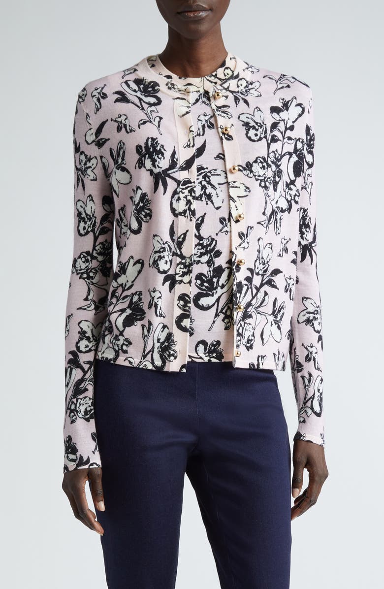 St. John Collection Magnolia Floral Wool Cardigan, Main, color, 