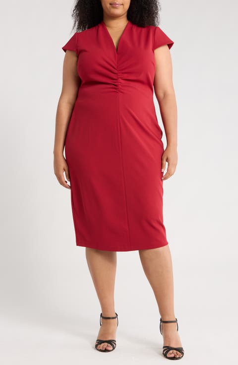 Center Ruched Cap Sleeve Midi Dress (Plus)