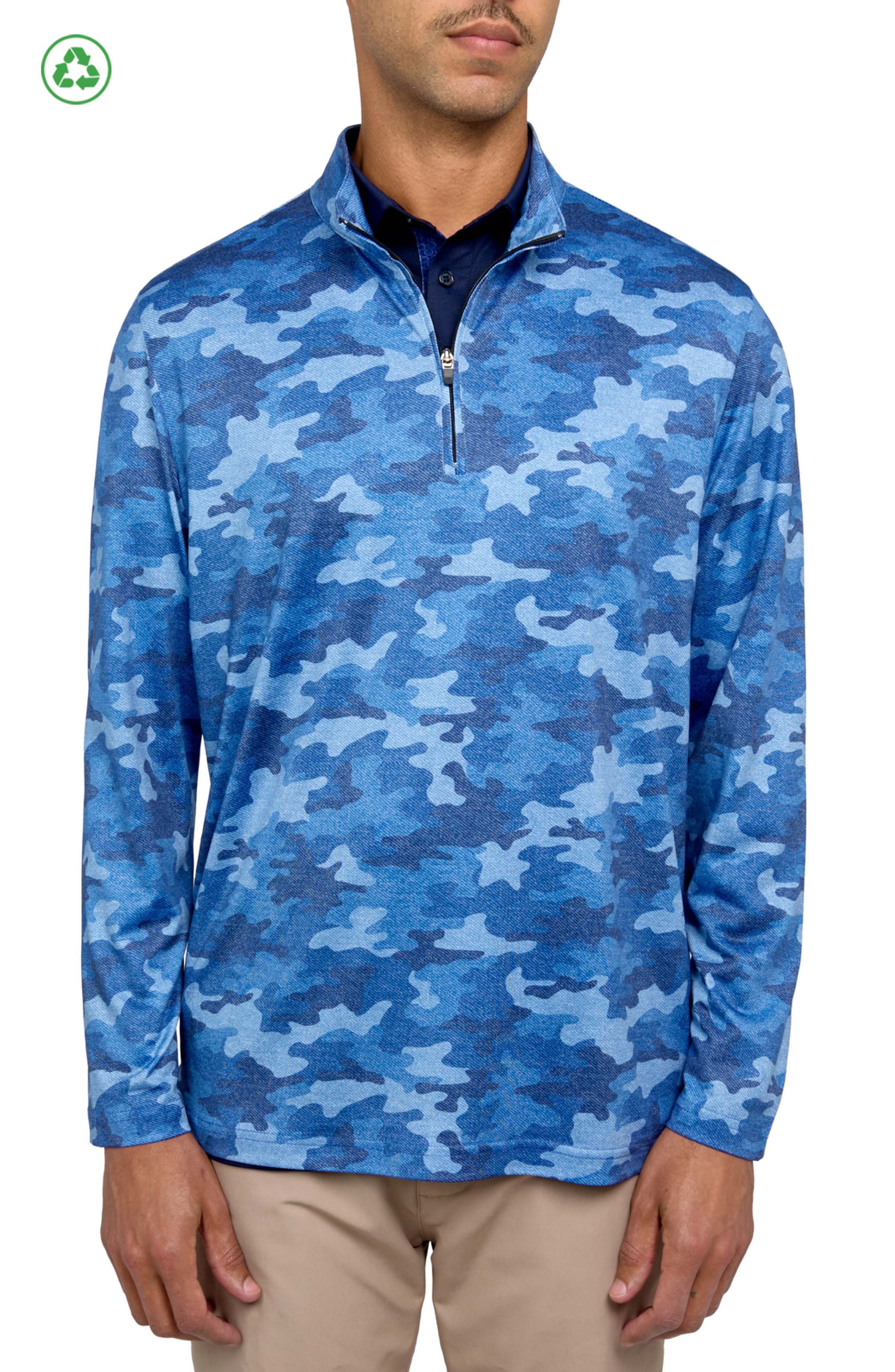 CONSTRUCT Regular Fit Camo Print Recycled Performance Quarter Zip in Navy/blue 