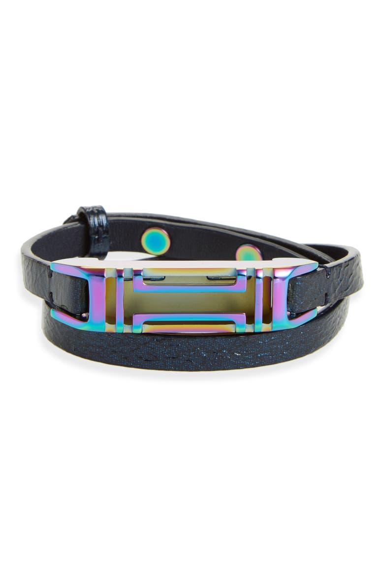 for Fitbit® Leather Wrap Bracelet, Main, color, NAVY / IRIDESCENT