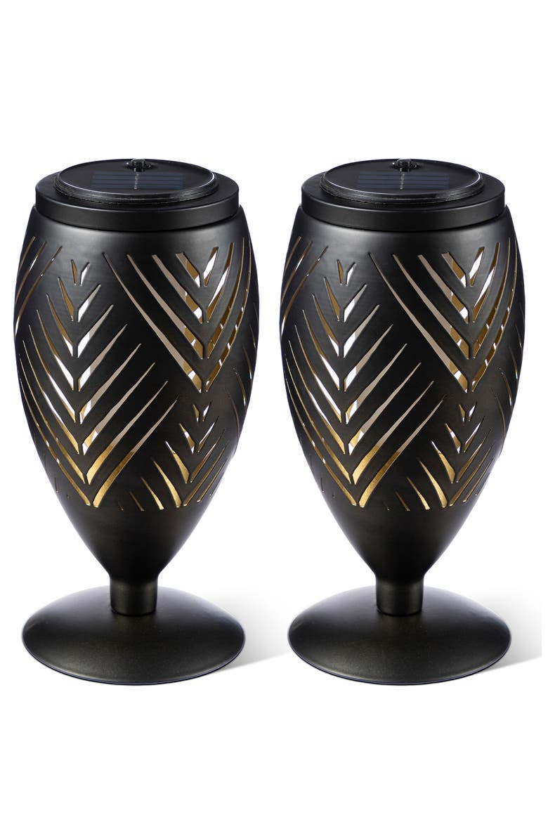Set of 2 Metal Cutout Stripe Pattern Solar Powered Outdoor Lantern with LED Light, Alternate, color, Black