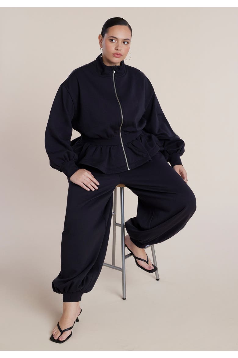 Cinched Zip Front Peplum Sweatshirt, Alternate, color, BLACK ONYX