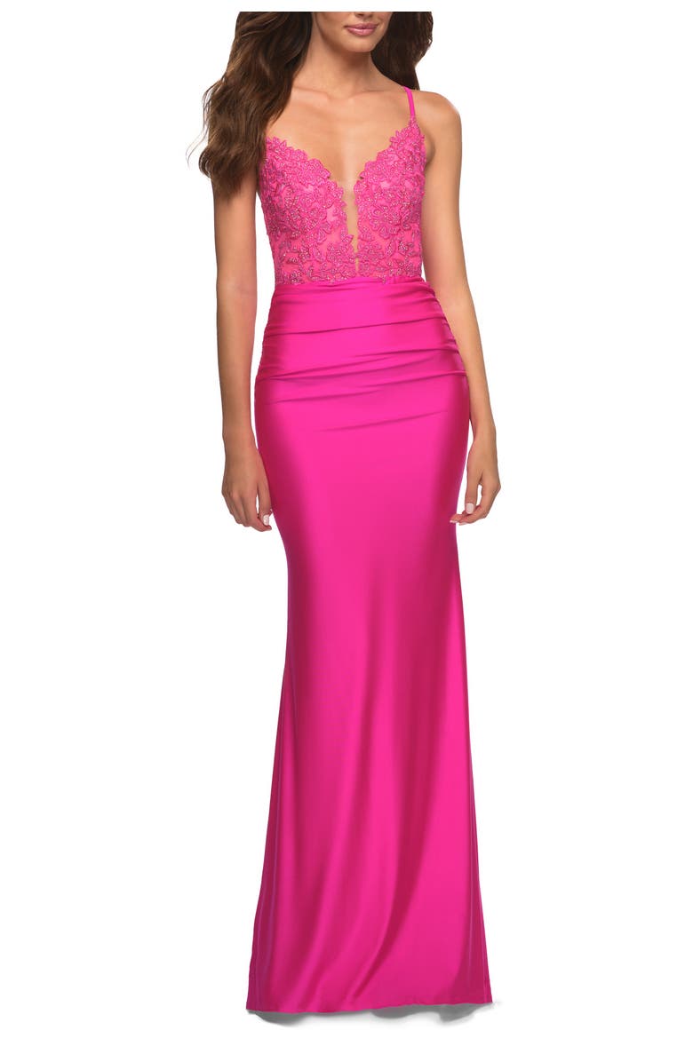La Femme Neon Prom Dress with Beautiful Lace Bodice and Jersey Skirt, Main, color, Neon Pink