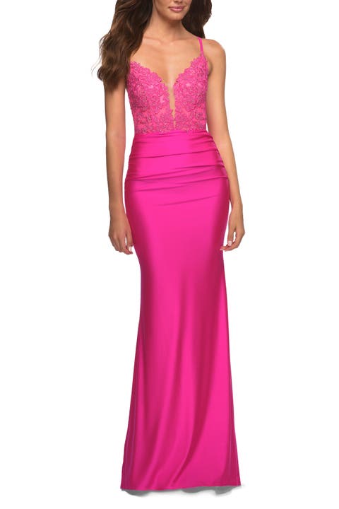 Neon Prom Dress with Beautiful Lace Bodice and Jersey Skirt