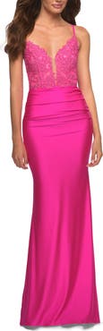 La Femme Neon Prom Dress with Beautiful Lace Bodice and Jersey Skirt