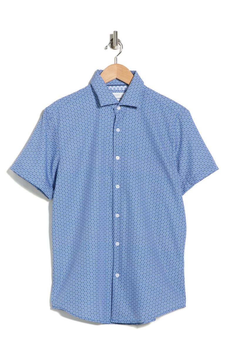 DENIM AND FLOWER Micro Dot Tech Short Sleeve Button-Up Shirt, Main, color, Blue/ White
