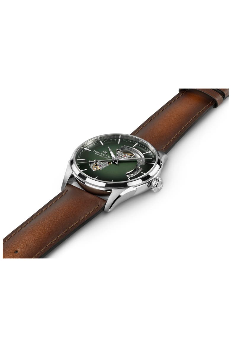 Jazzmaster Open Heart Automatic Leather Strap Watch, 42mm, Alternate, color, GREEN