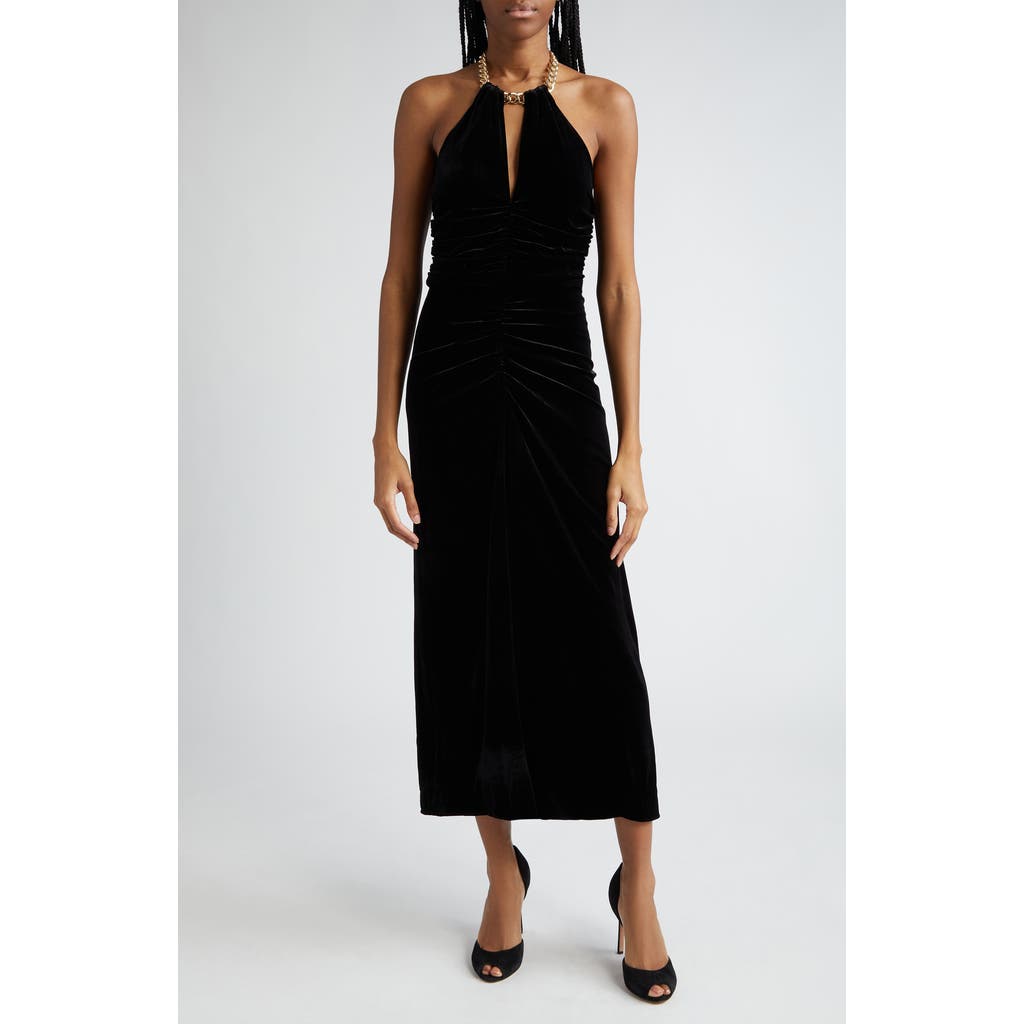 Veronica Beard Josette Crystal-embellished Ruched Velvet Halterneck Midi Dress In Black