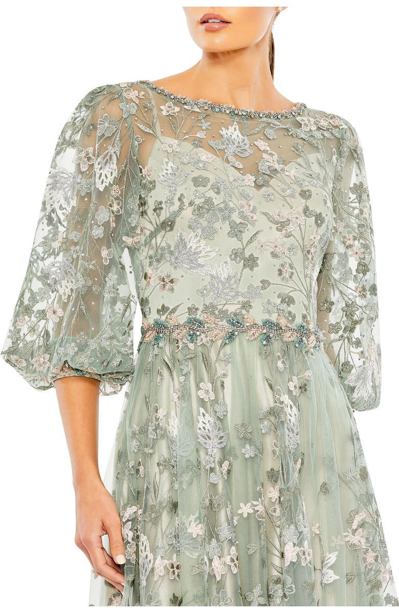 Mac Duggal Embroidered High Neck A-Line Gown With 3/4 Puff Sleeves, Alternate, color, Pastel Multi