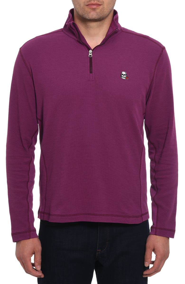 Robert Graham Polaris Embroidered Skull Quarter Zip Pullover, Main, color, Berry