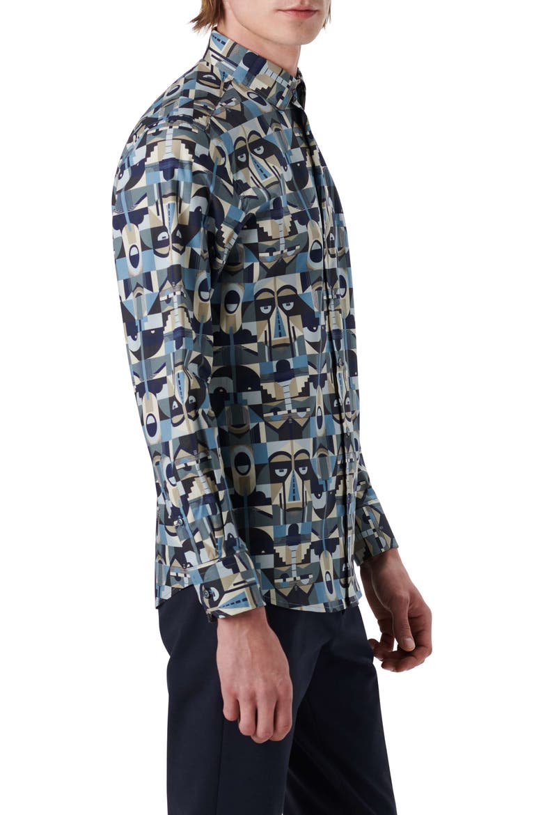 Shaped Fit Abstract Print Stretch Cotton Button-Up Shirt, Alternate, color, STEEL