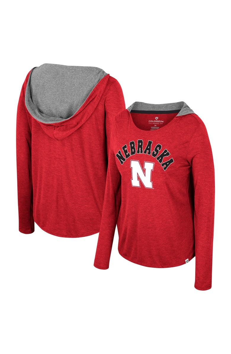 COLOSSEUM Women's Colosseum Scarlet Nebraska Huskers Distressed Heather Long Sleeve Hoodie T-Shirt, Alternate, color,