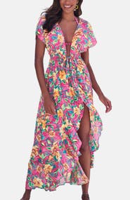 LASCANA Women's Floral Flounce Hem Cover Up