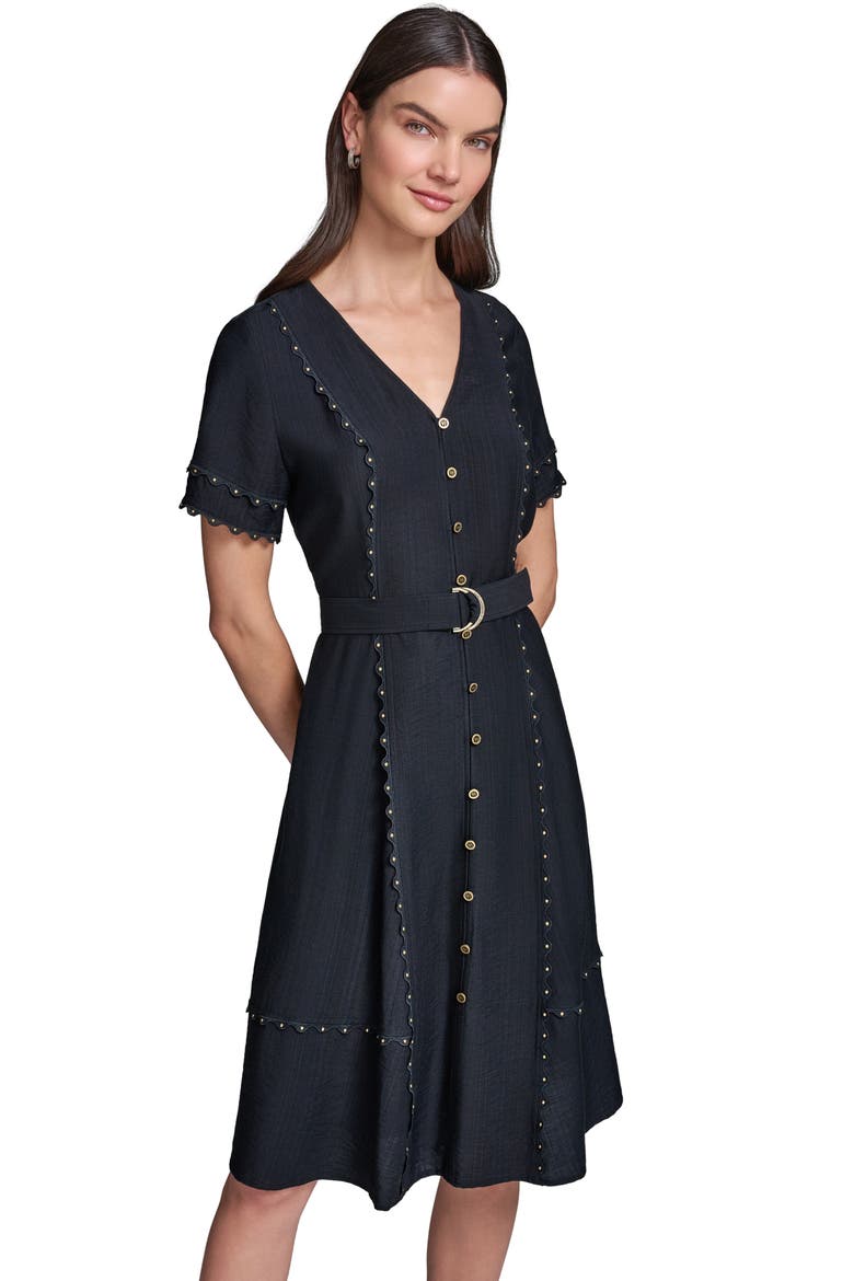 Stud Embellished Belted Button-Up Dress, Alternate, color, MIDNIGHT NAVY