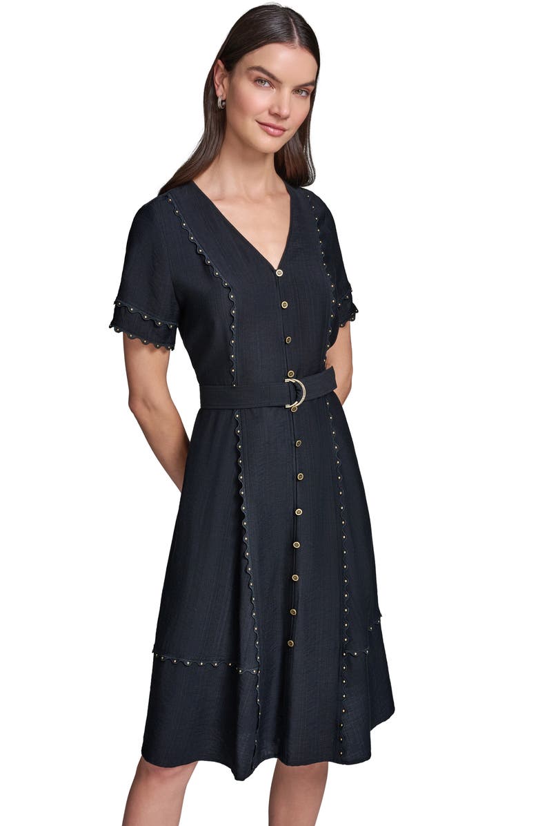 KARL LAGERFELD PARIS Stud Embellished Belted Button-Up Dress, Alternate, color,
