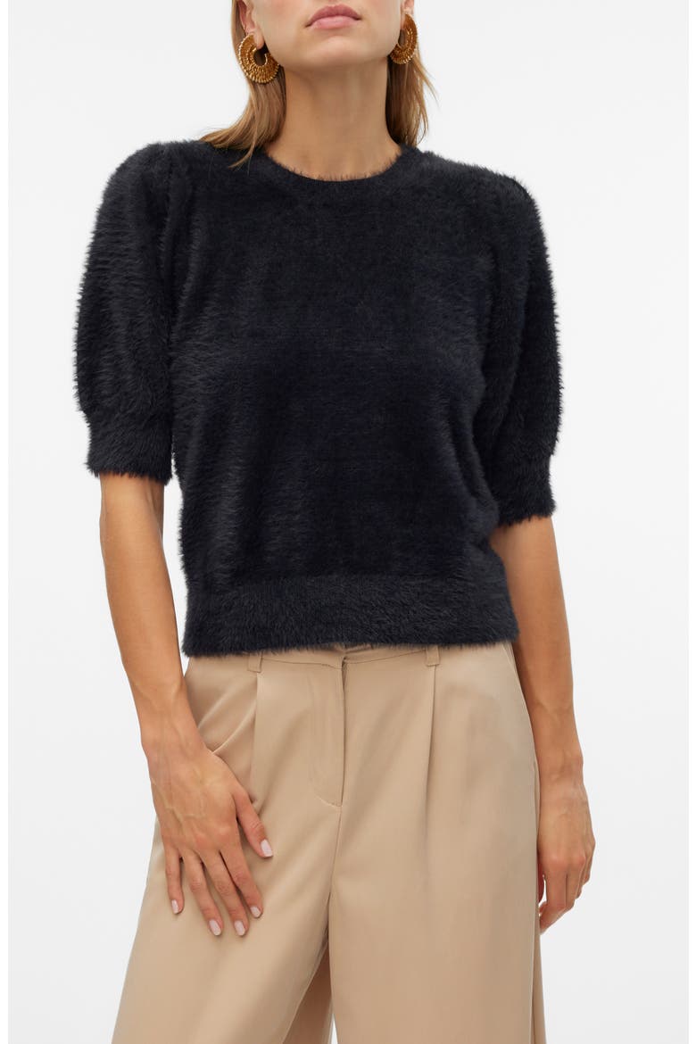 Alina Fuzzy Elbow Sleeve Sweater, Main, color, BLACK