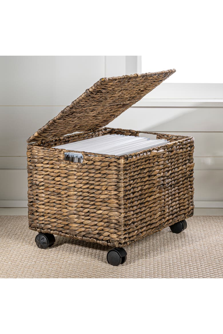 Ashton Classic Farmhouse Hand-Woven Hyacinth Rolling Filing Basket with Lid and 360 Degree Lockable Wheels, Main, color, Brown