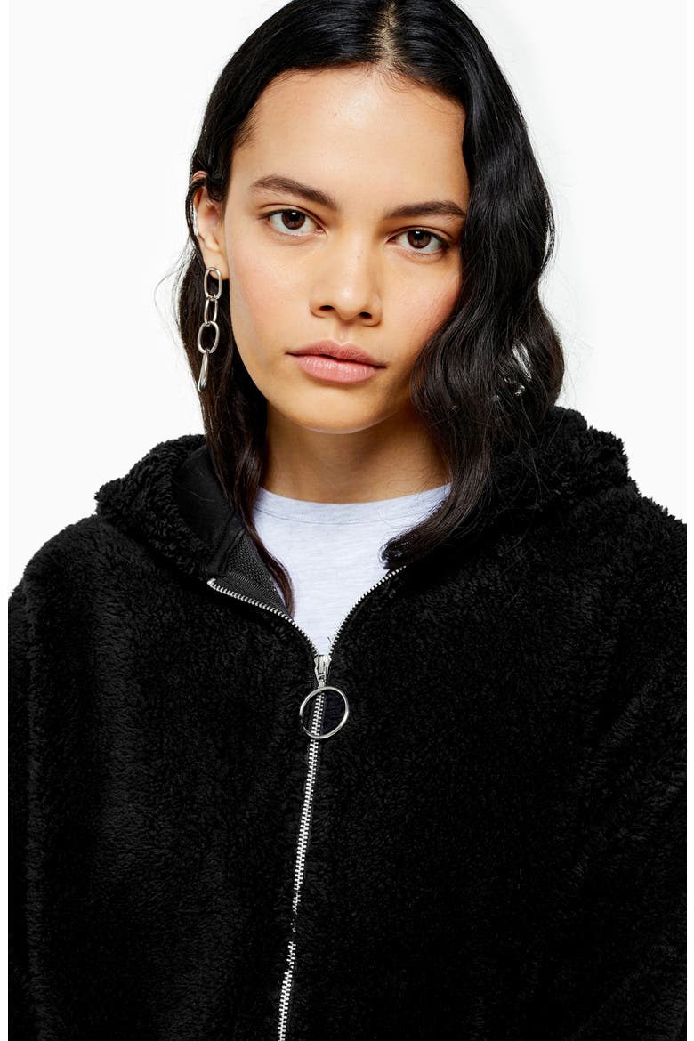 Borg Zip Hooded Sweatshirt, Alternate, color, BLACK