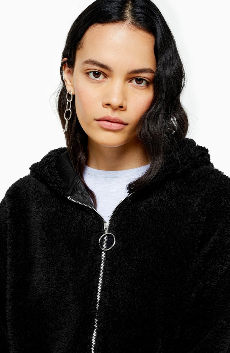 Topshop Borg Zip Hooded Sweatshirt, Alternate, color, 