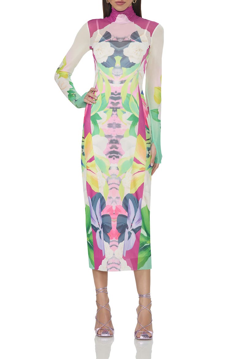 Shailene Turtleneck Long Sleeve Mesh Dress, Main, color, MIRROR TROPICAL