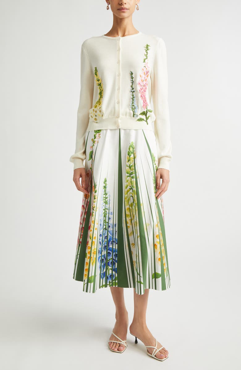 Oscar de la Renta Foxgloves Cotton Poplin Skirt, Alternate, color, Green Multi