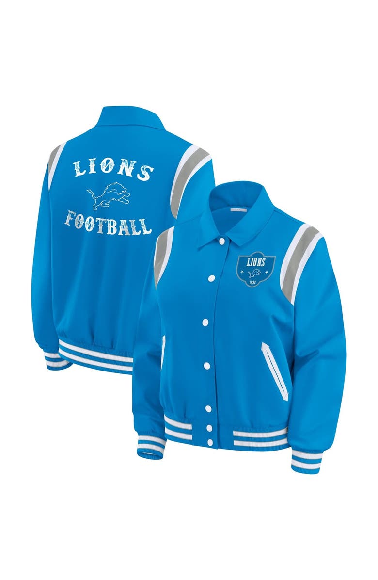 WEAR by Erin Andrews Women's WEAR by Erin Andrews Blue Detroit Lions Varsity Lightweight Full-Snap Jacket, Main, color, 