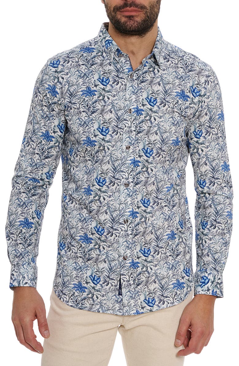 Robert Graham Leif Floral Knit Button-Up Shirt, Main, color, Blue