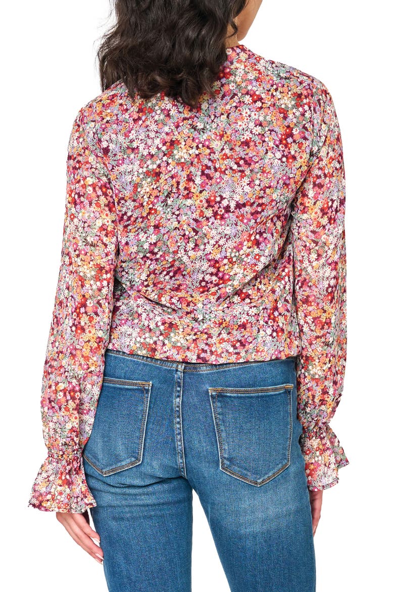 Floral Print Tie Neck Top, Alternate, color, BERRY DITSY