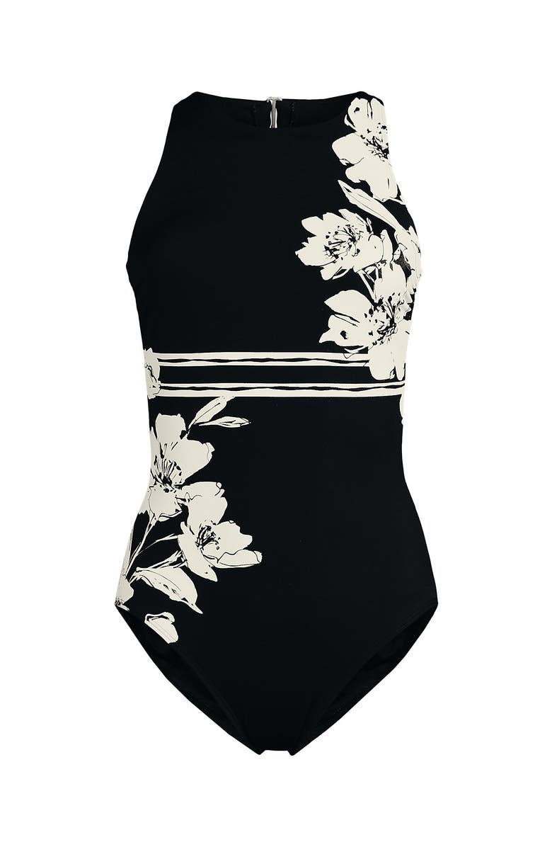 Lands' End Tugless High Neck Portrait Back One Piece Swimsuit, Alternate, color, Black Floral Stripe Placement