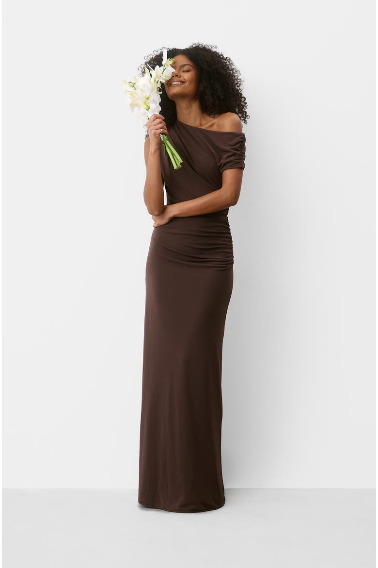 Asymmetric Neck Sculpt Bridesmaid Dress, Alternate, color, Chocolate
