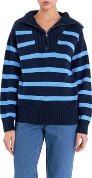English Factory Stripe Cotton Zip Pullover
