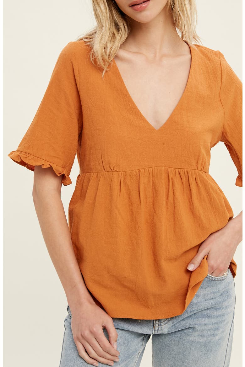 V-Neck Elbow-Length Sleeve Babydoll Top, Main, color, AMBER