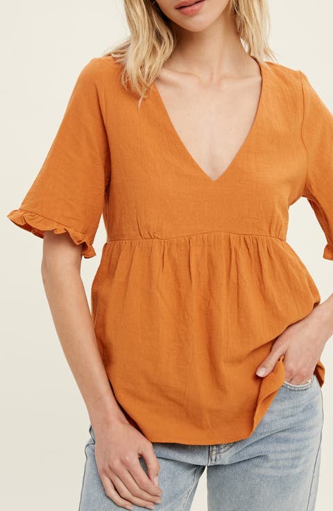 V-Neck Elbow-Length Sleeve Babydoll Top