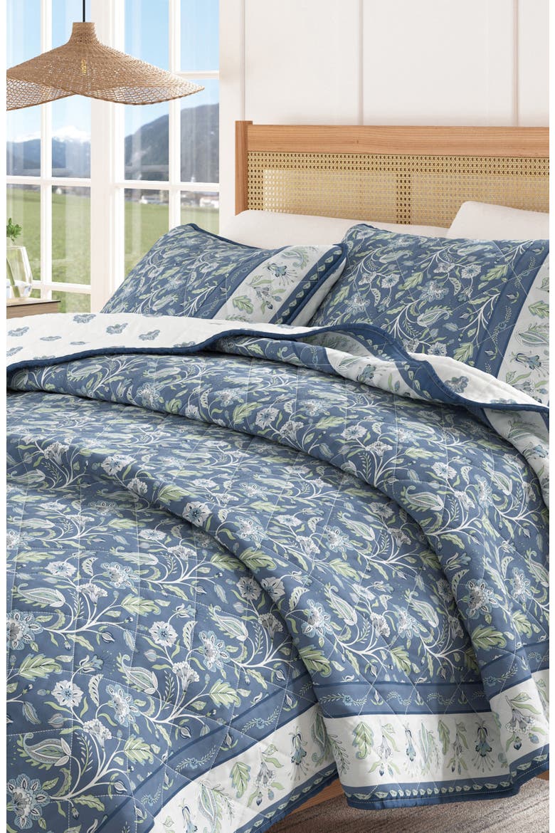 Boho Block Print Floral Cotton Quilt & Sham Set, Alternate, color, REGAL GARDEN - BLUE