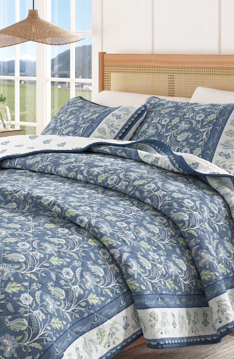 Woven & Weft Boho Block Print Floral Cotton Quilt & Sham Set, Alternate, color, Regal Garden - Blue