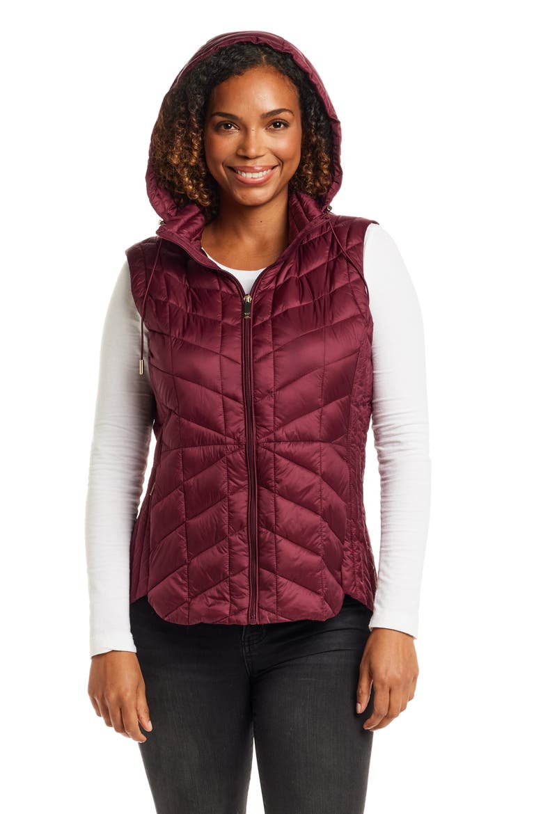 Quilted Water Resistant Vest with Removable Hood, Alternate, color, BURGUNDY