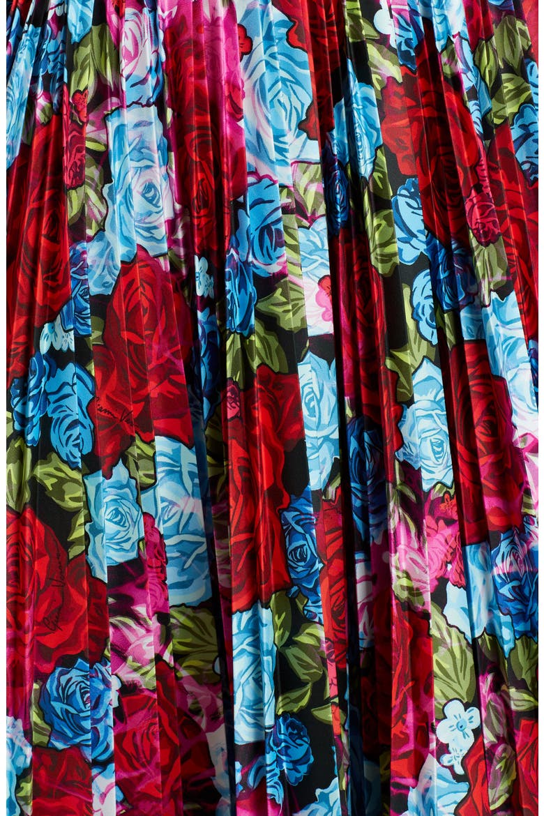 Pleated Floral Print Midi Skirt, Alternate, color, RED/ BABY BLUE/ FUCHSIA
