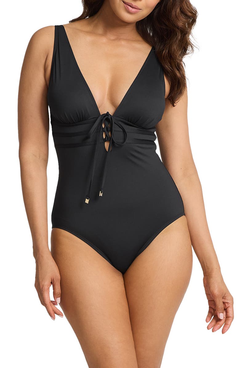 Tommy Bahama Pearl Lace-Up One-Piece Swimsuit, Main, color, 