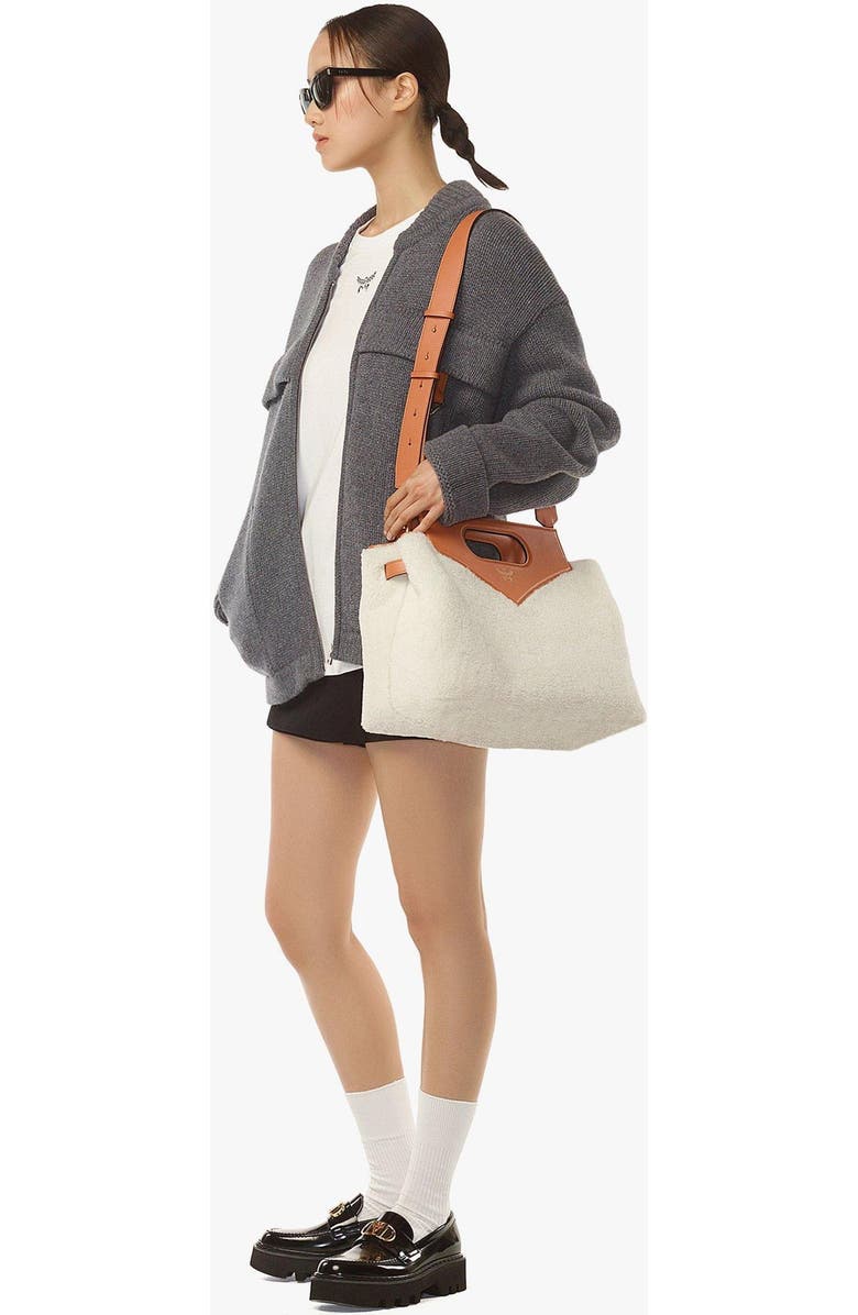 MCM Soft Diamond Shoulder Bag in Shearling and Leather, Alternate, color, White