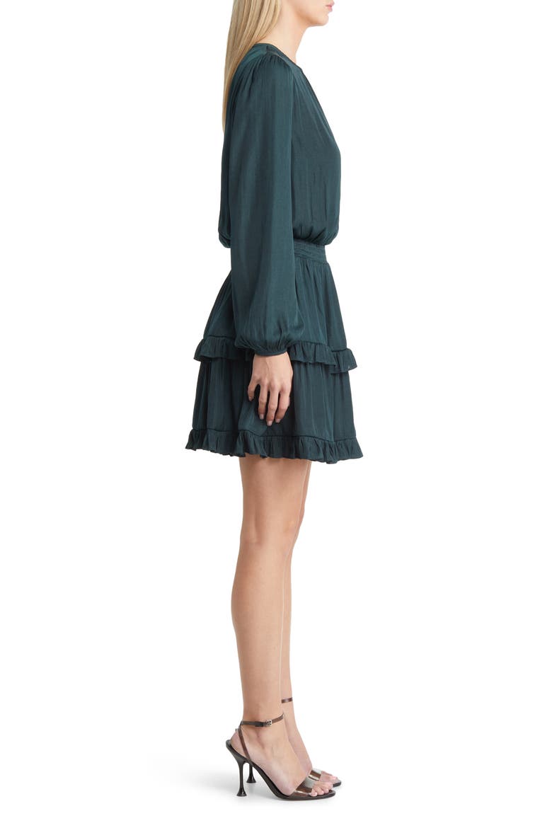 Smocked Tiered Long Sleeve Satin Dress, Alternate, color, SHADED SPRUCE