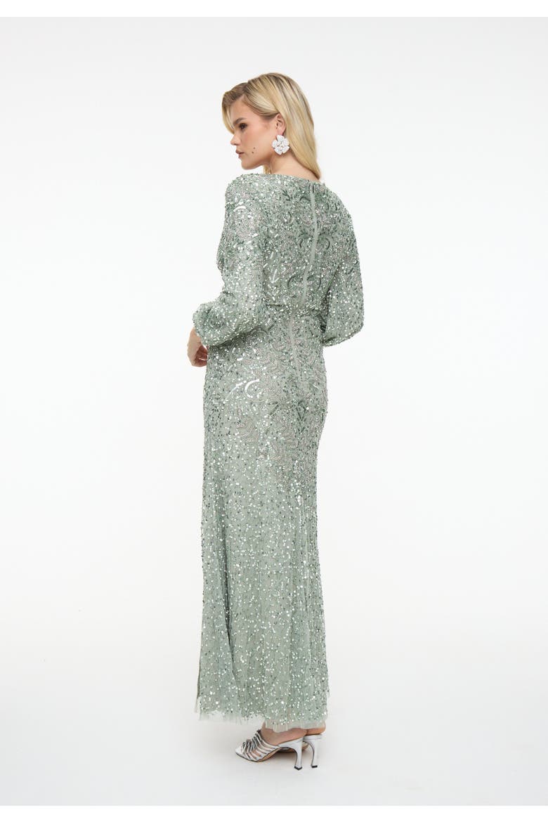 Embellished Sequin Beaded Maxi Dress With Deep V-Neck, Alternate, color, SAGE GREEN