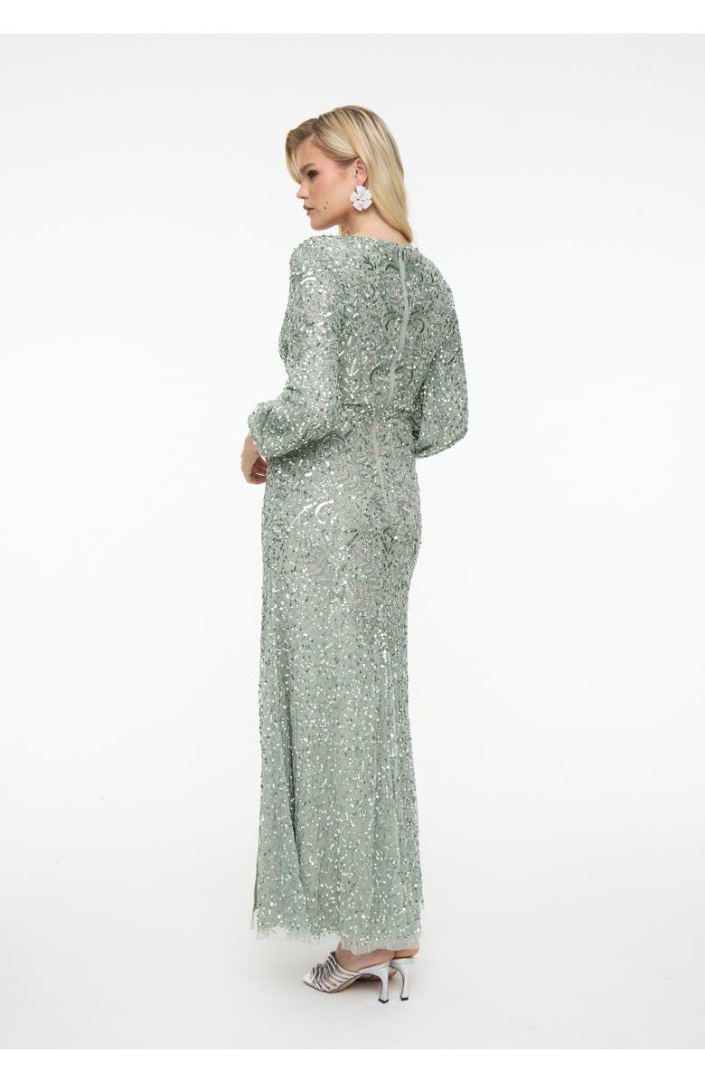 BEAUUT Embellished Sequin Beaded Maxi Dress With Deep V-Neck, Alternate, color, Sage Green