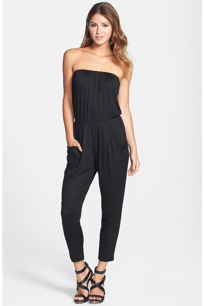 Strapless Pleated Crop Romper, Main, color, BLACK