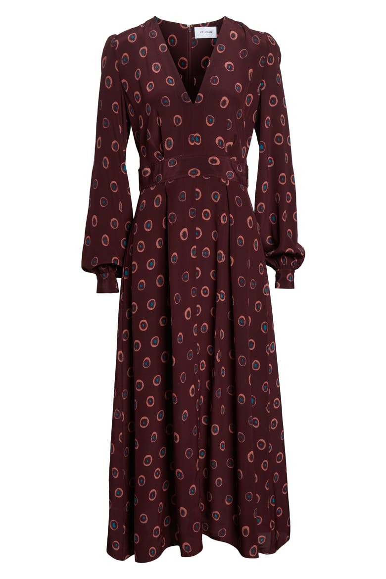 Jill Abstract Ink Print Long Sleeve Silk Dress, Alternate, color, BORDEAUX DUSTY PINK MULTI
