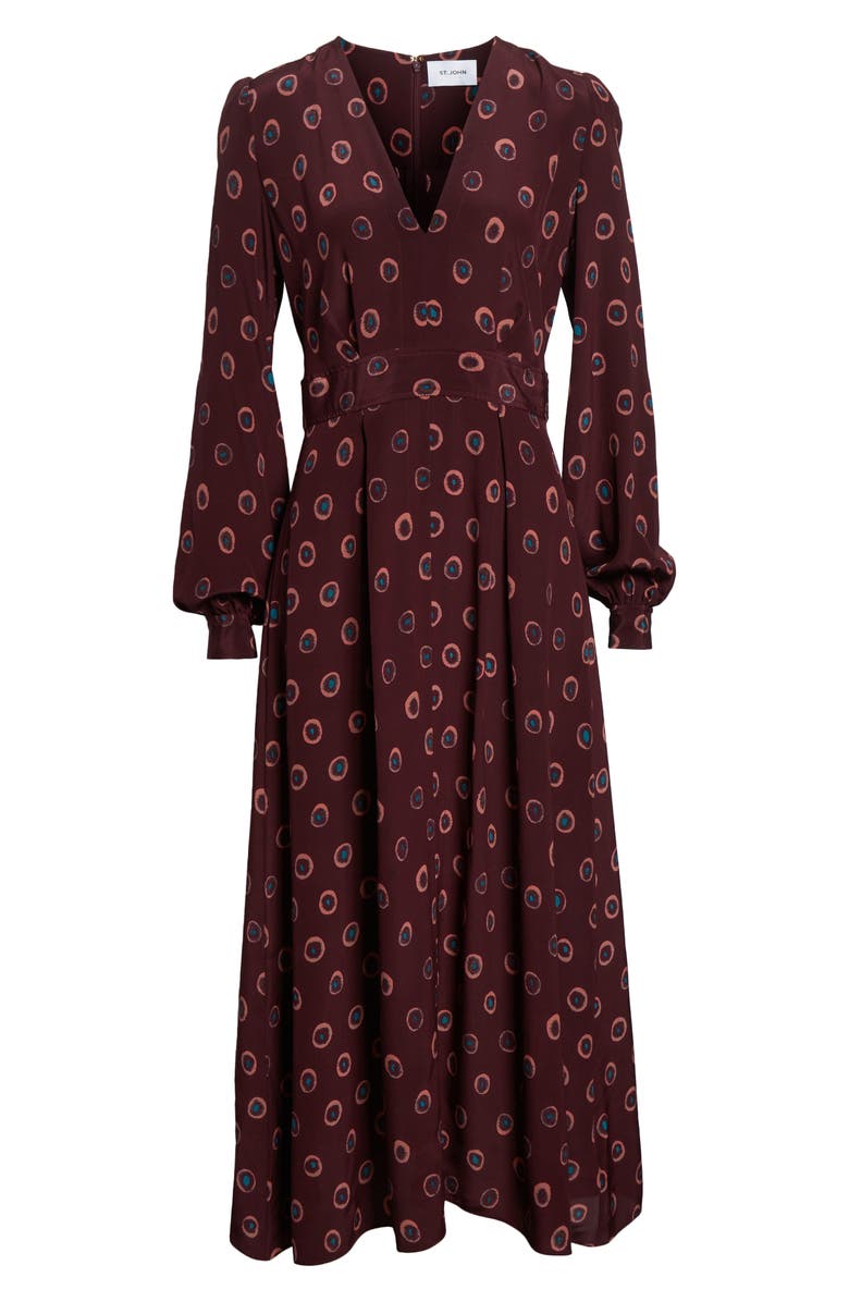 ST. JOHN Jill Abstract Ink Print Long Sleeve Silk Dress, Alternate, color, Bordeaux Dusty Pink Multi