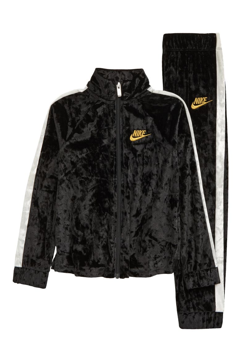 Kids' Crushed Stretch Velvet Track Jacket & Pants Set, Main, color, BLACK