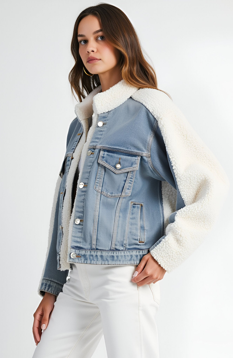 Modenaire Denim Jacket with Faux Shearling Collar and Contrast Trim, Alternate, color, 